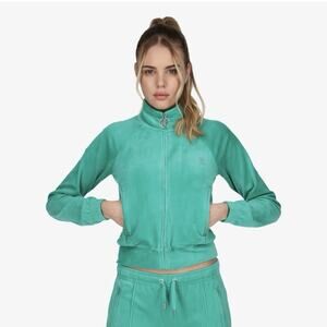 Juicy Couture Big Bling Crop Jacket Velour Green high neck Zip Up Size Small Y2K